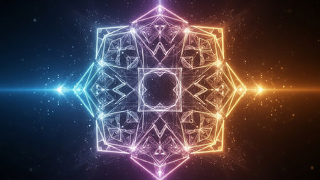 A symmetrical, geometric starburst composed of glowing neon lines in blue, pink, and orange radiates outward, surrounded by cosmic particles.の素材