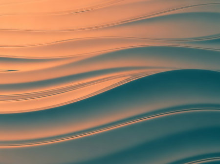 A smooth, reflective surface with wavy contours displays a gradient of warm orange and cool teal colors, creating a fluid and elegant abstract background.の素材