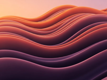 Smooth, undulating waves in warm orange and deep purple hues create an abstract, organic background with soft, gentle lighting.の素材