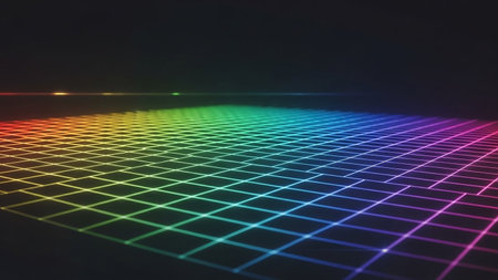 A rainbow-colored grid stretches into the distance on a dark background, with a lens flare effect adding a futuristic and retro aesthetic.の素材