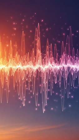A vertical sound wave visualization glows with vibrant colors and sparkling particles against a gradient sunset sky background.の素材