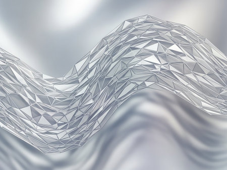 A flowing, polygonal waveform with a metallic silver sheen, featuring sharp geometric facets and a soft, blurred background.の素材