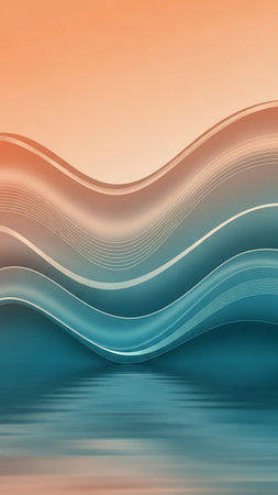 Soft orange and teal waves gently flow and reflect on a calm water surface, creating a serene and atmospheric abstract background.の素材
