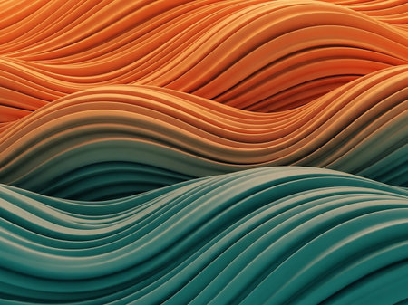 Abstract, parallel waves with a smooth, textured surface are presented in vibrant orange and teal colors, creating a visually striking and organic pattern.の素材