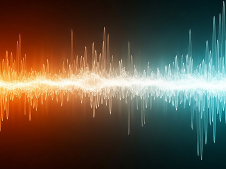 A dynamic abstract visual represents a sound waveform, with vibrant orange and teal glowing energy bursts emanating from a central white pulse.の素材