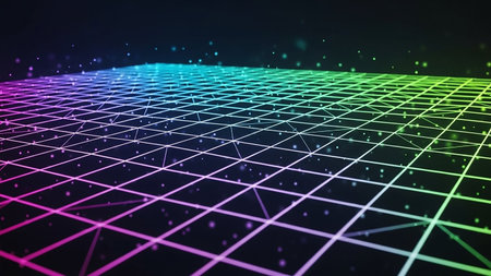 A wireframe grid with glowing neon lines in a rainbow spectrum extends into the distance on a dark background, with small floating particles.の素材