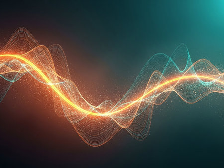 Abstract representation of energy waves in vibrant orange and teal, with glowing particles against a dark background.の素材