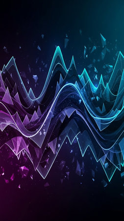 A vibrant abstract digital waveform in neon purple and blue hues, with sharp geometric crystal shards and glowing particles against a dark background.の素材