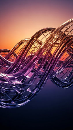 A flowing, twisted metallic wave structure with reflective surfaces, set against a gradient sunset sky in shades of orange, purple, and blue.の素材
