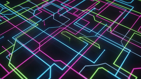 A dark background filled with a complex network of glowing neon lines in blue, pink, and green, forming an abstract circuit board pattern.の素材