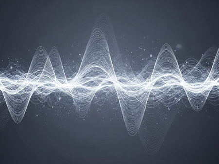 An abstract visualization of a white sound waveform with numerous small glowing particles scattered across a dark gray background.の素材