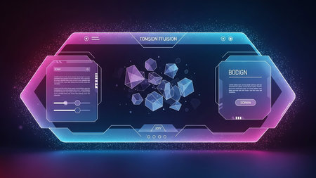 A hexagonal holographic interface glows with neon blue and pink light, displaying abstract geometric shapes and data panels against a dark background.の素材