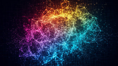 A colorful abstract network of glowing particles and geometric connections forms a complex, vibrant structure against a dark background.の素材