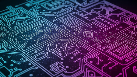 A detailed abstract pattern of a circuit board illuminated with a gradient glow of cyan and magenta, showcasing intricate electronic pathways on a dark surface.の素材