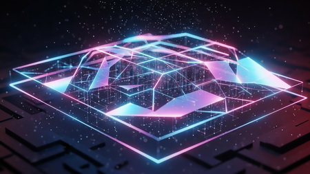 A futuristic digital landscape rendered in neon pink and blue, featuring geometric shapes, a grid overlay, and floating particles.の素材