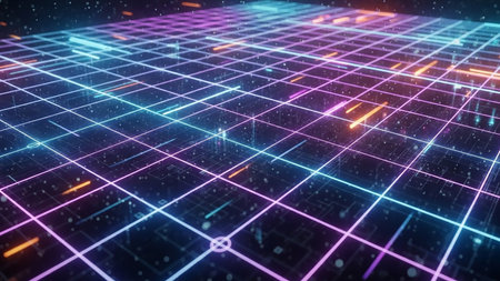 A perspective view of a glowing neon grid in a digital space, with scattered particles and orange light streaks.の素材