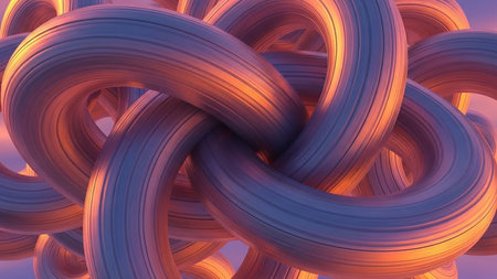 Abstract 3D render of intertwined torus rings with a brushed metallic texture, illuminated by warm sunset light creating orange and pink highlights.の素材