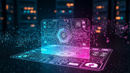 A futuristic holographic circuit board displays glowing data streams and network connections against a blurred background of city lights and digital particles.の素材