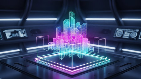 A holographic wireframe model of a cityscape is projected within a futuristic control room, illuminated by vibrant neon pink and cyan light.の素材
