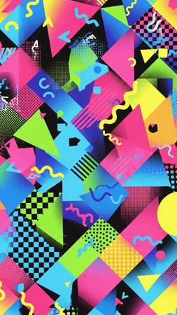 A vibrant, retro 1980s style abstract geometric pattern features neon colors, triangles, squares, and wavy lines creating a bold and energetic design.の素材