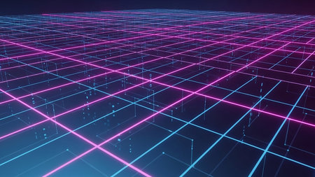 A futuristic digital landscape formed by glowing neon pink and blue grid lines, with small cubes scattered throughout, suggesting a data network.の素材