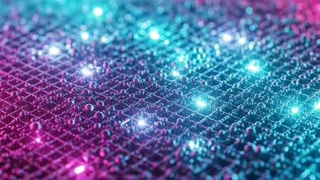 A close-up view of a textured surface with a grid pattern, featuring numerous small spheres illuminated by glowing cyan and magenta lights.の素材