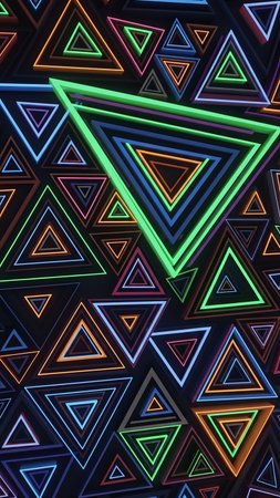 A dark textured background filled with overlapping neon triangle outlines in vibrant colors like green, blue, and orange.の素材