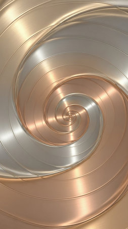 A metallic spiral vortex in brushed copper and silver tones creates a hypnotic and reflective surface with a sense of depth and motion.の素材