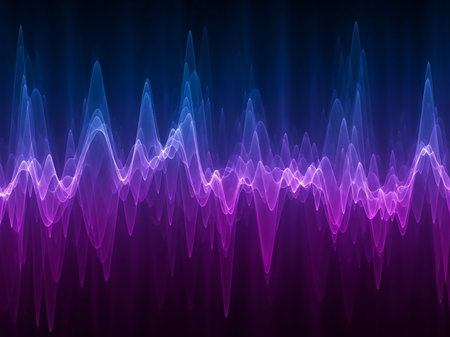 An abstract visualization of a pulsating sound waveform in a gradient of glowing blue and purple against a dark background, representing audio or digital signals.の素材