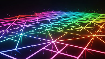 A rainbow neon wireframe grid with glowing particles creates a vibrant, futuristic abstract background on a dark surface.の素材