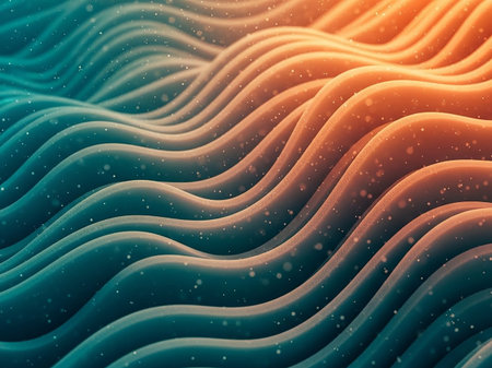 Abstract undulating waves in teal and orange hues with a textured surface and small, glowing particles floating in the background.の素材
