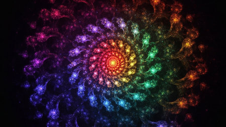 A vibrant rainbow fractal spiral composed of glowing particles creates a mesmerizing cosmic effect against a dark background.の素材
