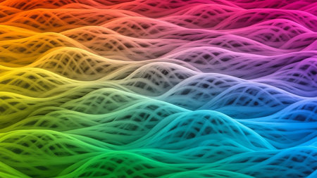 A vibrant abstract landscape with rolling hills in a rainbow gradient. The surface has a woven grid texture, creating a unique visual effect.の素材