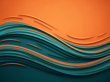 Abstract flowing waves of orange and teal create a layered design with subtle shadows and highlights, suggesting movement and depth.の素材