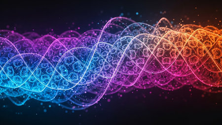 A vibrant, wavy energy form in shades of purple, blue, and orange, containing intricate cellular structures and illuminated by glowing particles.の素材