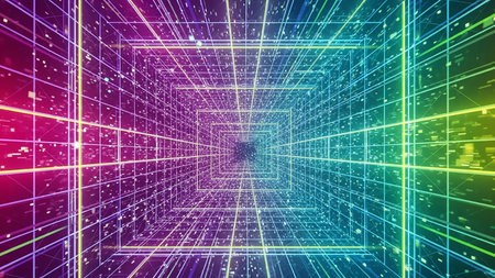 A futuristic digital tunnel with a glowing neon grid and particles, receding into infinity with a vibrant, colorful perspective.の素材