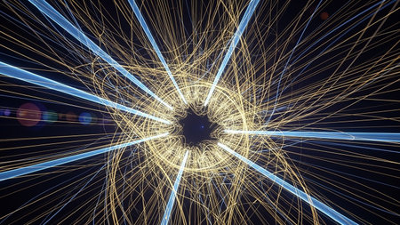 An abstract visualization of swirling light trails and glowing energy particles creating a dynamic tunnel or vortex effect against a dark background.の素材