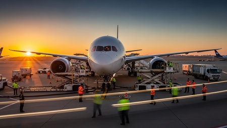 Ground crew members in high-visibility vests work around a large jetliner on the airport tarmac at sunrise, illuminated by warm golden light.の素材