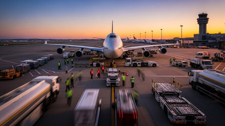 A large Boeing 747 airplane is surrounded by ground crew and various vehicles on a busy airport tarmac during a colorful sunset.の素材