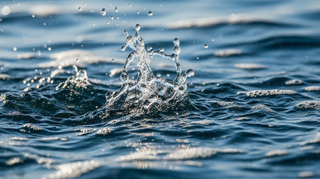 A dynamic close-up captures a clear water splash with intricate droplets and ripples forming on the surface of blue ocean water.の素材