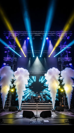 A concert stage is illuminated by dramatic blue and yellow spotlights, with smoke machines creating plumes of white fog on either side.の素材
