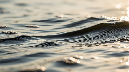 A detailed close-up of a water surface showing gentle ripples, light reflections, and small bubbles, creating a serene texture.の素材
