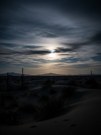 A desert landscape at dusk features dramatic, dark clouds over silhouetted cacti and sand dunes, with distant mountains on the horizon.の素材