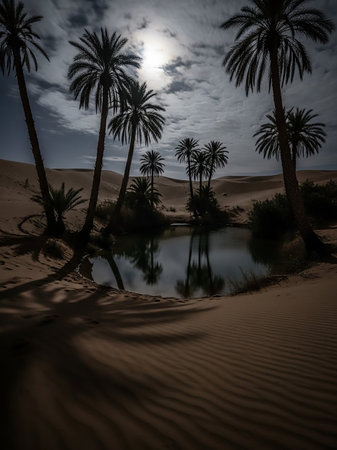 A serene desert oasis at night, with silhouetted palm trees and their reflections shimmering in a small pool of water under a moonlit, cloudy sky.の素材
