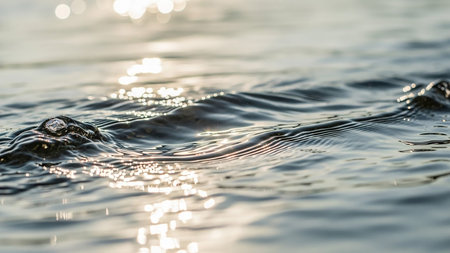 Gentle ripples on a water surface catch the sunlight, creating a shimmering, reflective texture with a soft bokeh effect in the background.の素材
