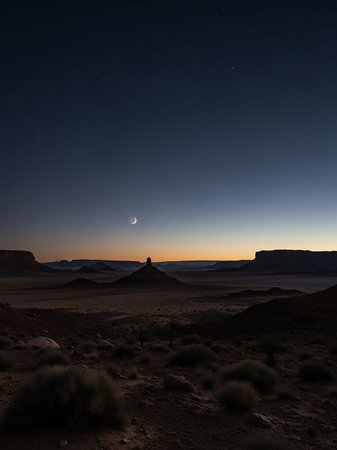 A vast desert landscape under a twilight sky with a crescent moon and scattered stars, featuring dramatic rock formations and arid terrain.の素材