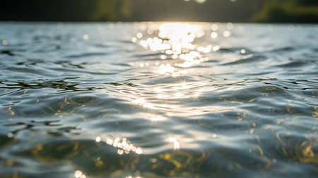 A close-up view of the water's surface shows gentle ripples and bright sun glare creating a sparkling, bokeh effect.の素材