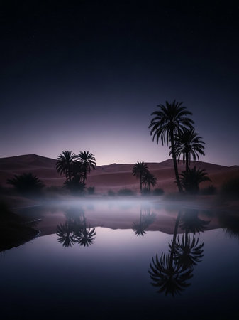 Silhouettes of palm trees surround a calm body of water in a desert oasis at twilight, with their reflections mirrored in the still surface.の素材