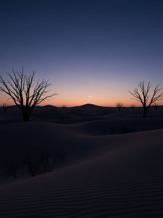A desolate desert landscape at dusk features rolling sand dunes, silhouetted bare trees, and a faint crescent moon in the darkening sky.の素材