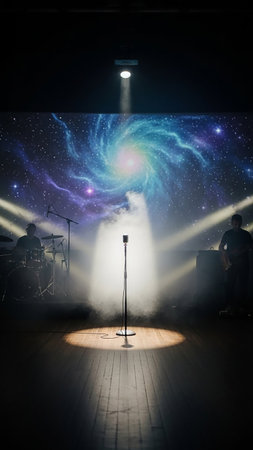 An empty stage with a single microphone in a spotlight, backed by a projection of a colorful galaxy and silhouettes of musicians.の素材